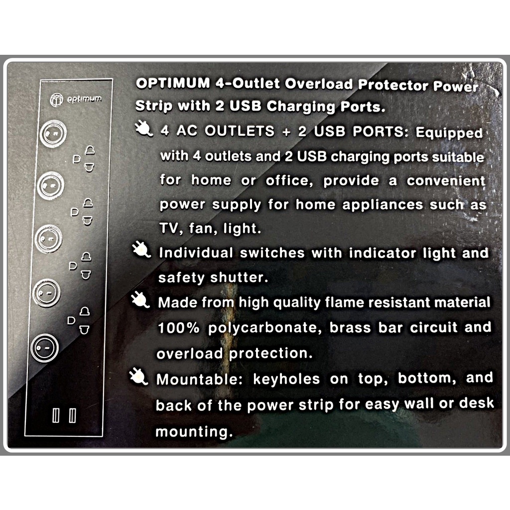 OPTIMUM ปลั๊กพ่วง ปลั๊กต่อ ปลั๊กไฟ (เต้ารับ 4 เต้า + 2 USB)