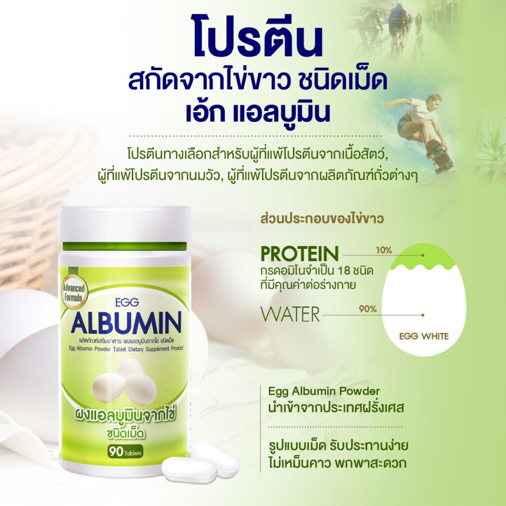 ผลิตภัณฑ์เสริมอาหารผง EGG ALBUMIN 1000mg. แอลบูมินจากไข่ขาว โปรตีน 90เม็ด แบบเคี้ยวได้