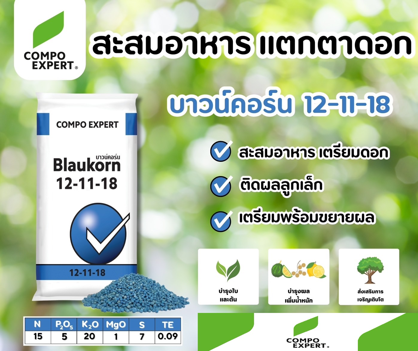 ปุ๋ยเม็ดเยอรมัน เกรดพรีเมี่ยม (ใช้ทางดิน) Blaukorn 12-11-18 บาวน์คอร์น ลูตรสะสมอาหาร แตกตาดอก (Compo Expert) บรรจุ 25 กิโลกรัม