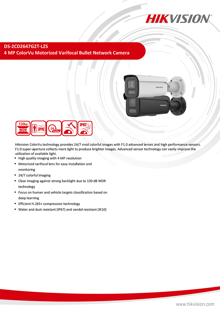 HIKVISION DS-2CD2647G2T-LZS (2.8-12mm.) กล้องวงจรปิด IP CAMERA 4MP ColorVu Motorized Varifocal ซูมเลนส์ได้ BY BILLIONAIRE SECURETECH DS-2CD2647G2T-LZS