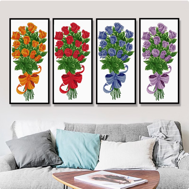 rose-1005 *พร้อมส่ง* ชุดปักครอสติช ลายช่อกุหลาบส้ม (ผ้า11CTพิมพ์ลาย ปัก 3 เส้นเล็ก) ขนาด 36*64 ซม.ผ้าครอสติช 11CTพิมพ์ลายปักบนผ้า ไหมคอตตอน 10 สี ผังลาย เข็ม