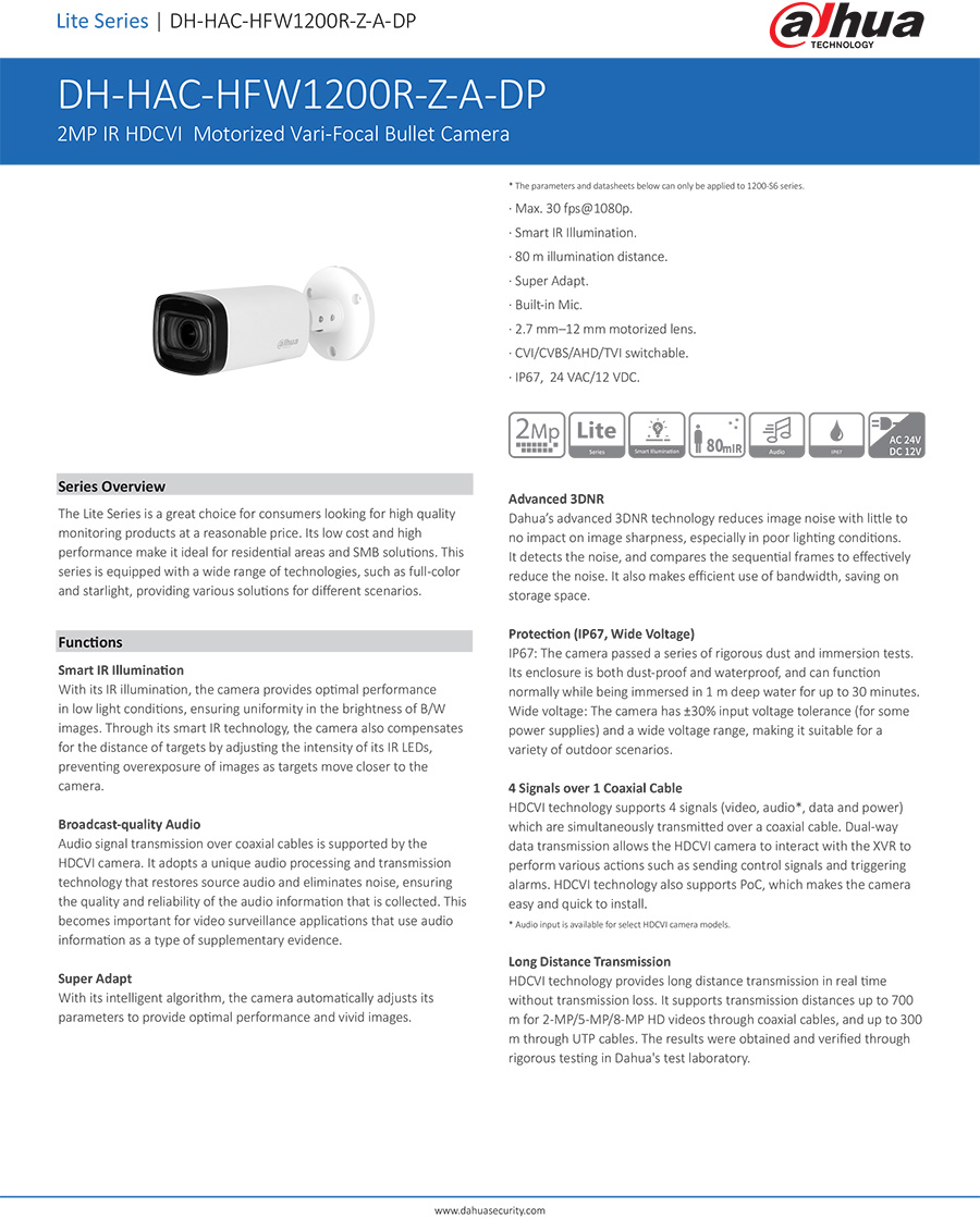 DAHUA HAC-HFW1200R-Z-A กล้องวงจรปิด ระบบ HD 2MP เลนส์ซูม IR HDCVI Motorized Vari-Focal Bullet Camera BY BILLIONAIRE SECURETECH HAC-HFW1200R-Z-