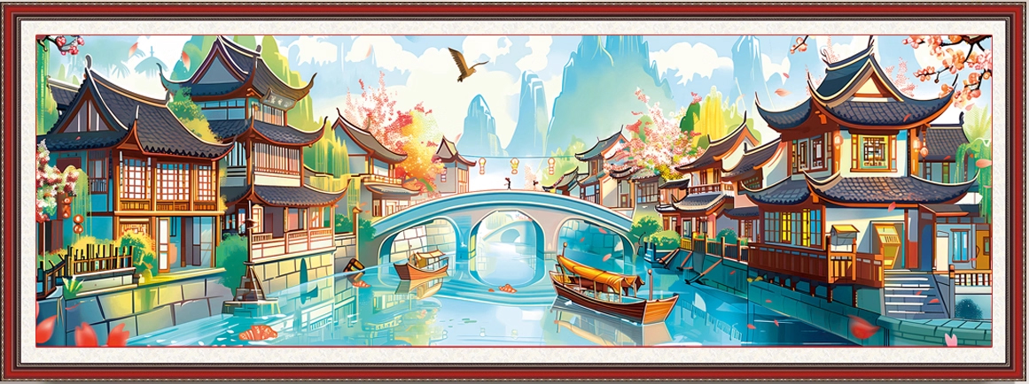 view-1003 *พร้อมส่ง* ชุดปักครอสติช ลายสองฝั่งคลอง (ปักเต็มผืนผ้า ไม่มีเดินเส้น ผ้า9CTพิมพ์ลาย ปัก 4 เส้นเล็ก) ขนาด 120*40 ซม.ผ้าครอสติช 9CTพิมพ์ลายปักบนผ้า ไหมคอตตอน 45 สี ผังลาย เข็ม