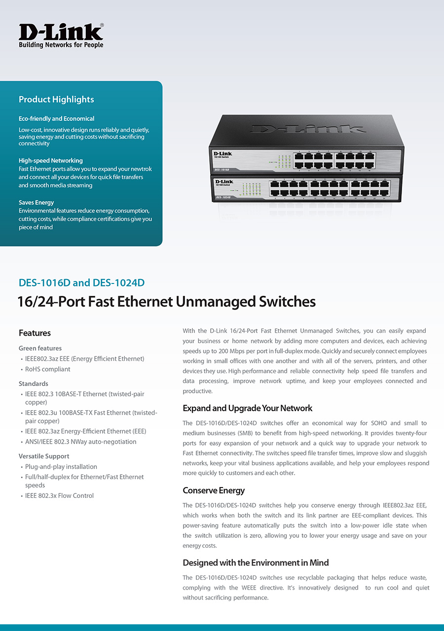 D-LINK DES-1016D 16-Port Fast Ethernet Unmanaged Desktop Switch BY BILLIONAIRE SECURETECH DES-1016D