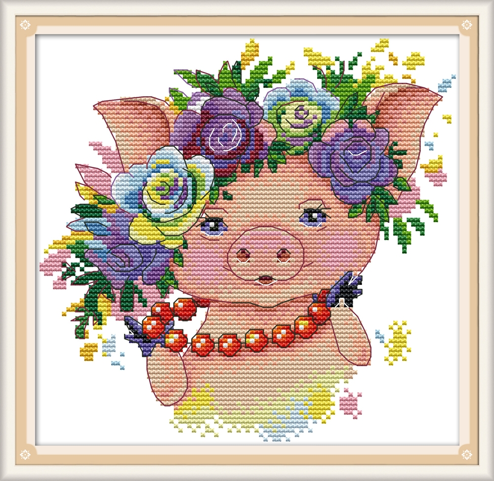 pig-1003 *สินค้าหมด* ชุดปักครอสติช ลายหมูแสนสวย (ปักครั้งละ 3 เส้นเล็ก) ขนาด 28*27 ซม.ผ้าครอสติช 11CTพิมพ์ลายปักบนผ้า ไหมคอตตอน 30 สี ผังลาย เข็ม