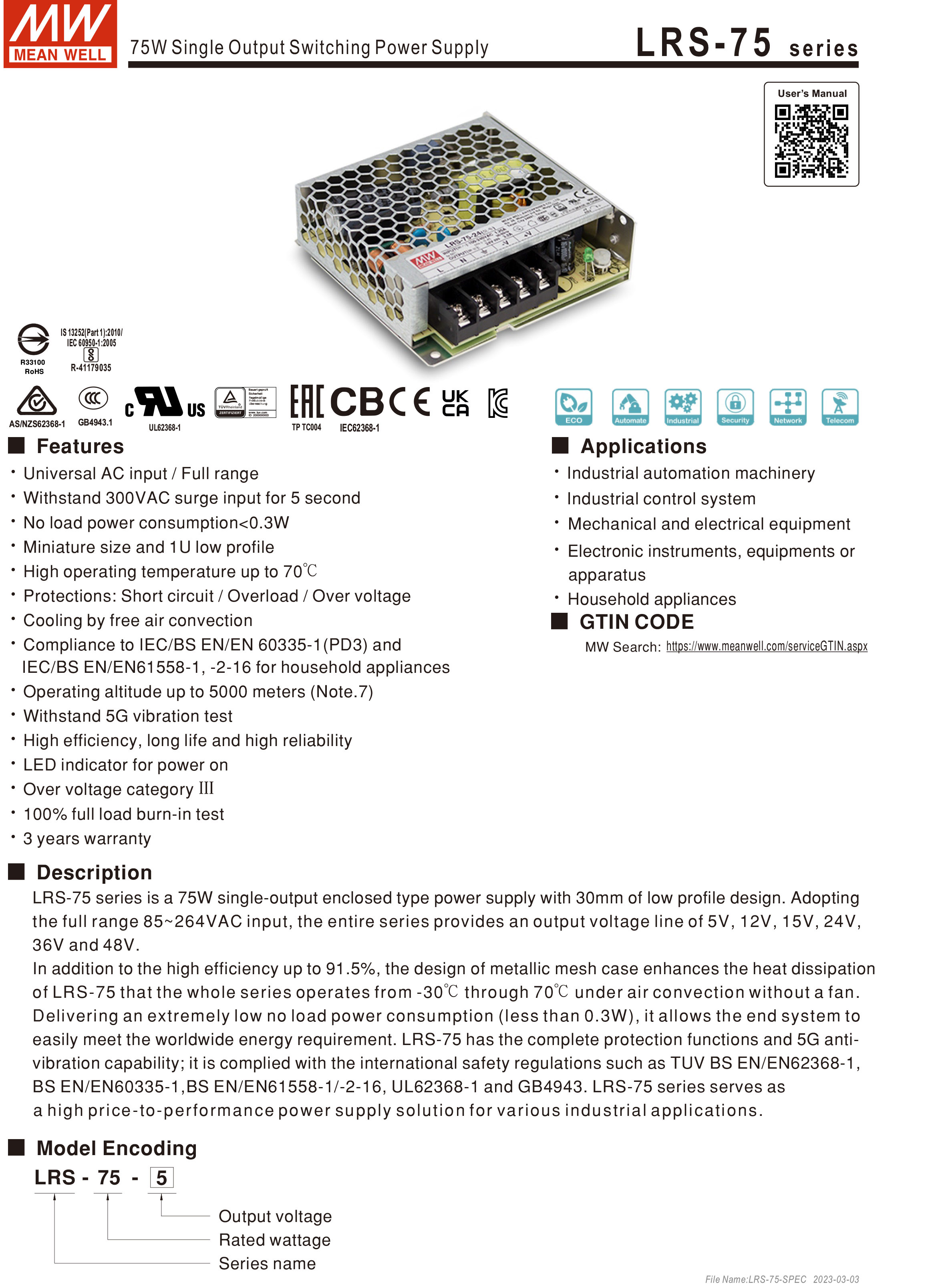 MEANWELL LRS-75-12 Switching Power Supply 12V 6A BY BILLIONAIRE SECURETECH LRS-75-12