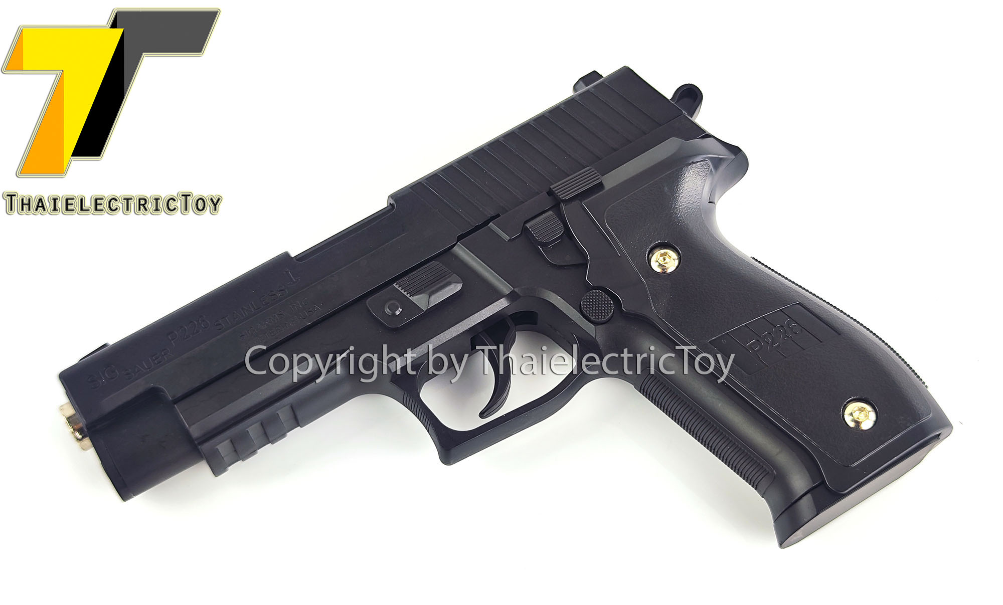 ปืนอัดลมพลาสติก Sig sauer p226 สีดำ ชักยิงทีล่ะนัด ลำกล้องยาว 8 นิ้ว หนัก 309 กรัม แขวนสไลน์ได้
