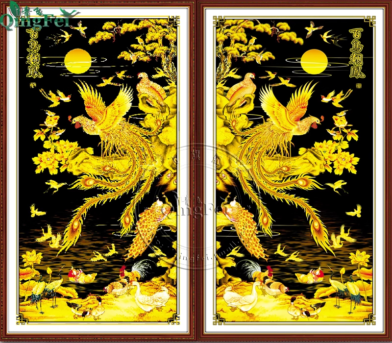 phoenix-1104 *สินค้าหมด* ชุดปักครอสติช ลายเซต 2 ชิ้น หงส์ฟินิกซ์ทอง (ปักเต็มผืนผ้า ผ้า11CTพิมพ์ลาย ปัก 3 เส้นเล็ก) ขนาดภาพละ 50*90 ซม.ผ้าครอสติช 11CTพิมพ์ลายปักบนผ้า ไหมคอตตอน 60 สี ผังลาย เข็ม