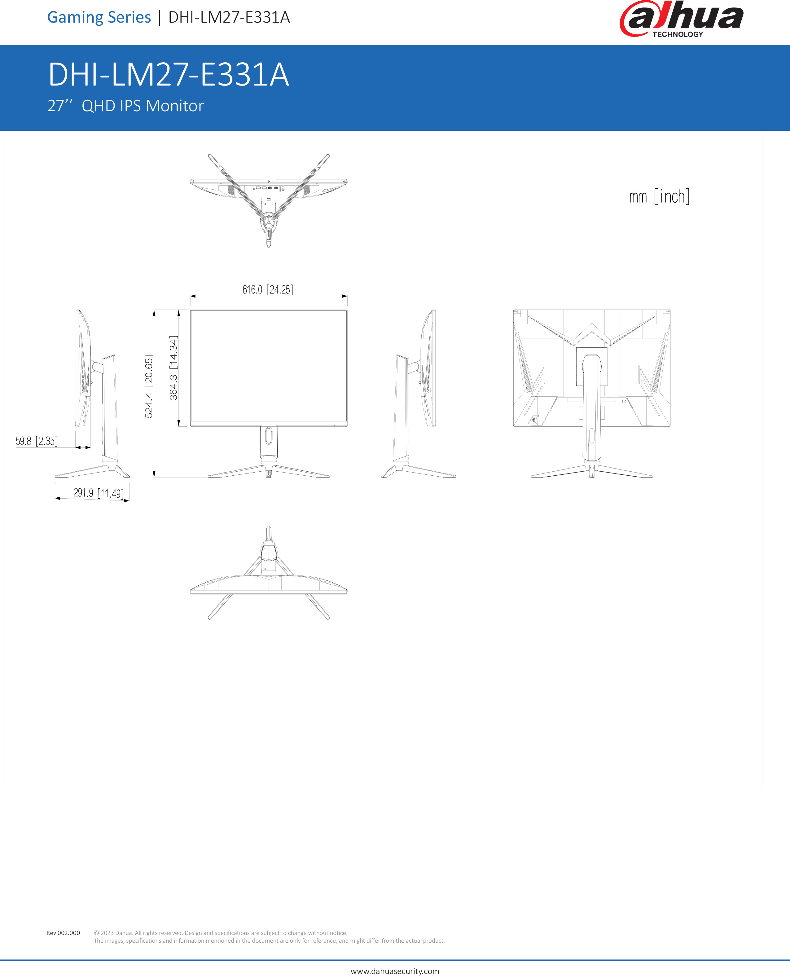 DAHUA LM27-E331A 27'' QHD IPS Monitor 180Hz Refresh Rate , Response Time MPRT 1 ms : 1×DP, 2×HDMI BY BILLIONAIRE SECURETECH LM27-E331A