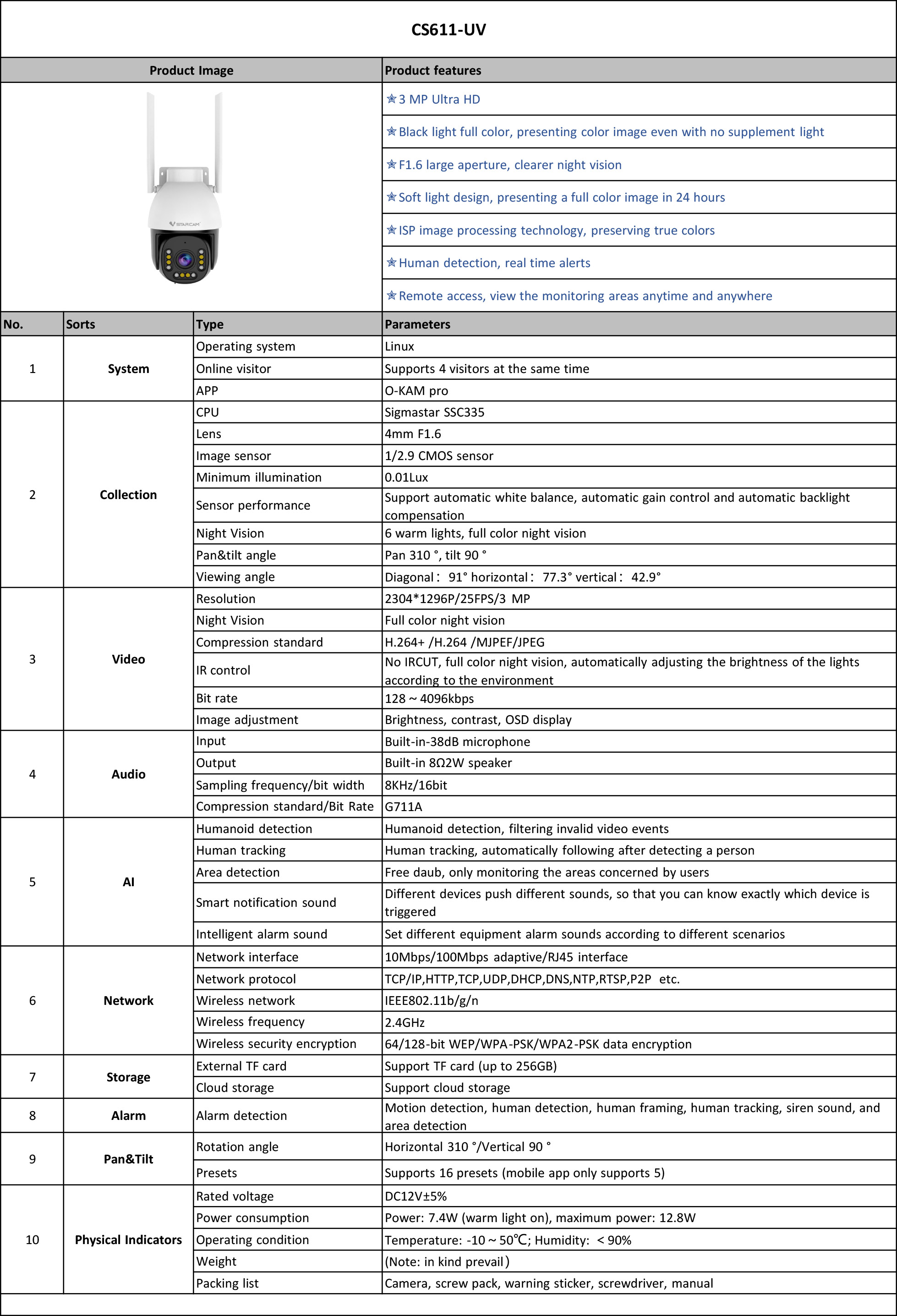 Vstarcam CS611-UV กล้องวงจรปิดระบบ IP WIFI 2 MP Black Light Full Color มีไมค์และลำโพงในตัว ติดตั้งภายนอกได้ BY BILLIONAIRE SECURETECH CS611-UV