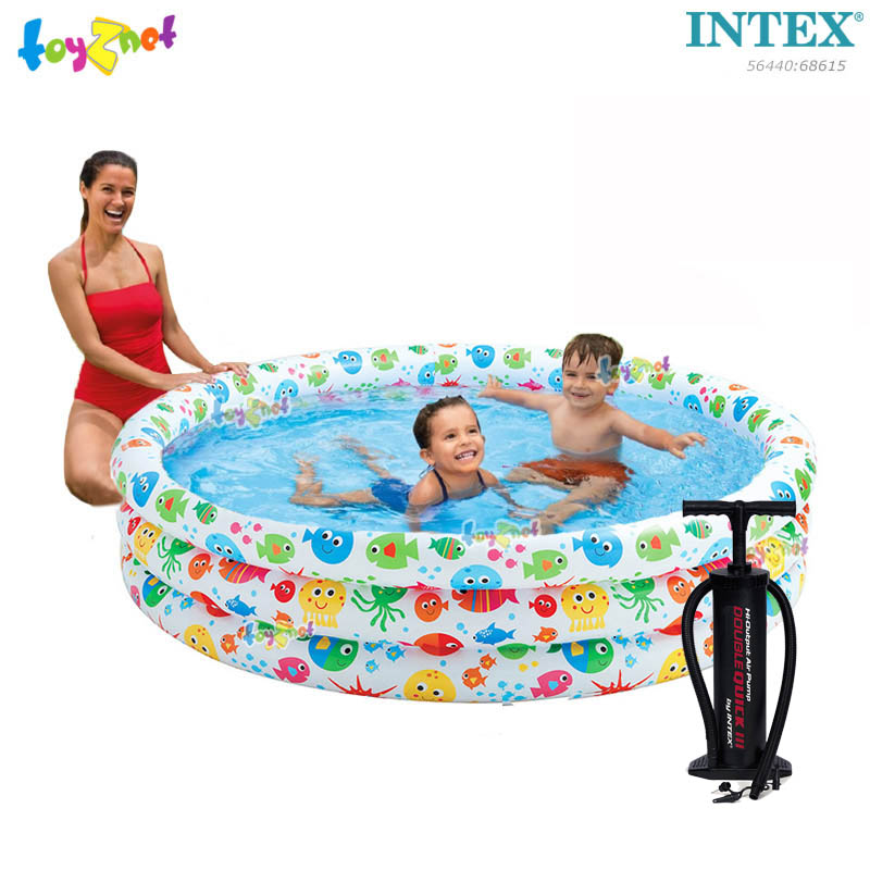Intex Inflatable pool, little fish and friends 66 inch. (1.68x1.68x0.38 m.) No.56440 + Double-Quick III Hand Pump