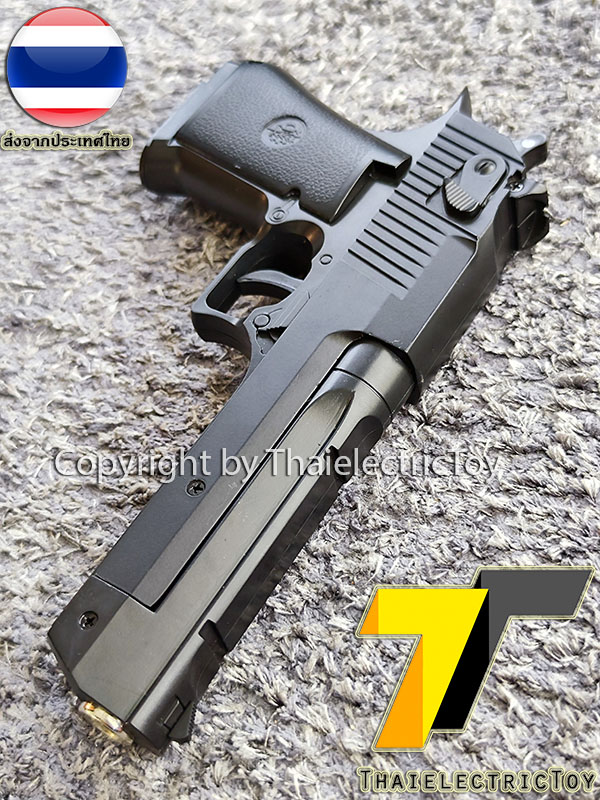 ปืนอัดลมพลาสติก Desert Eagle ชักยิงทีล่ะนัด นกสับได้ ลำกล้องยาว 7.5 นิ้ว หนัก 407 กรัม ใช้ลูกกระสุนพลาสติก 6 มิล (เป็นโลหะเฉพาะสไลน์ท่อนหลังเท่านั้น)