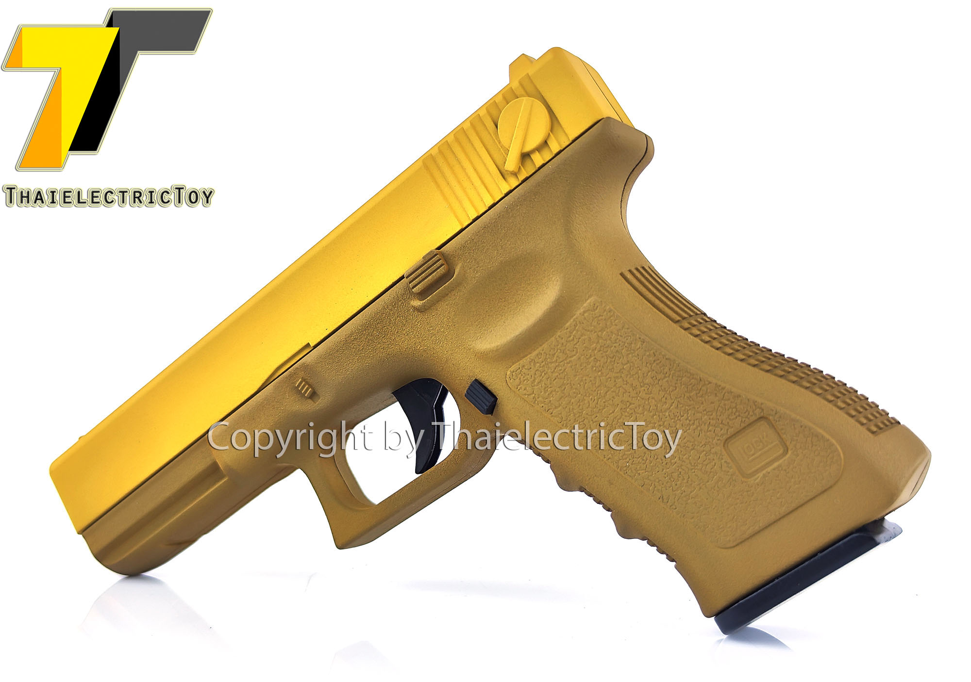 ปืนอัดลมเหล็ก Glock 17 สีทูโทน ชักยิงทีล่ะนัด ลำกล้องยาว 7 นิ้ว หนัก 668 กรัม ใช้ลูกกระสุนพลาสติก 6 มิล