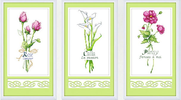 bloom-1110 *สินค้าหมด* ชุดปักครอสติช ลายเซต 3 ชิ้น ช่อดอกไม้ (ปักครั้งละ 3 เส้นเล็ก) ขนาดภาพละ 20*36 ซม.ผ้าครอสติช 11CTพิมพ์ลายปักบนผ้า ไหมคอตตอน 37 สี ผังลาย เข็ม