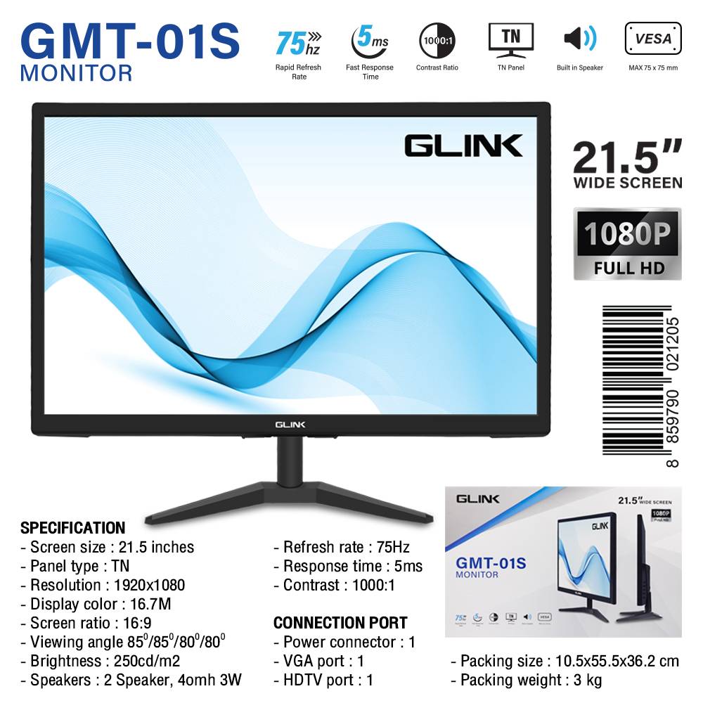 GLINK GMT-01S MONITOR 21.5" WIDE SCREEN 1080P FULL HD WITH SPEAKER มีลำโพงในตัว port VGA, HDMI BY BILLIONAIRE SECURETECH GMT-01S
