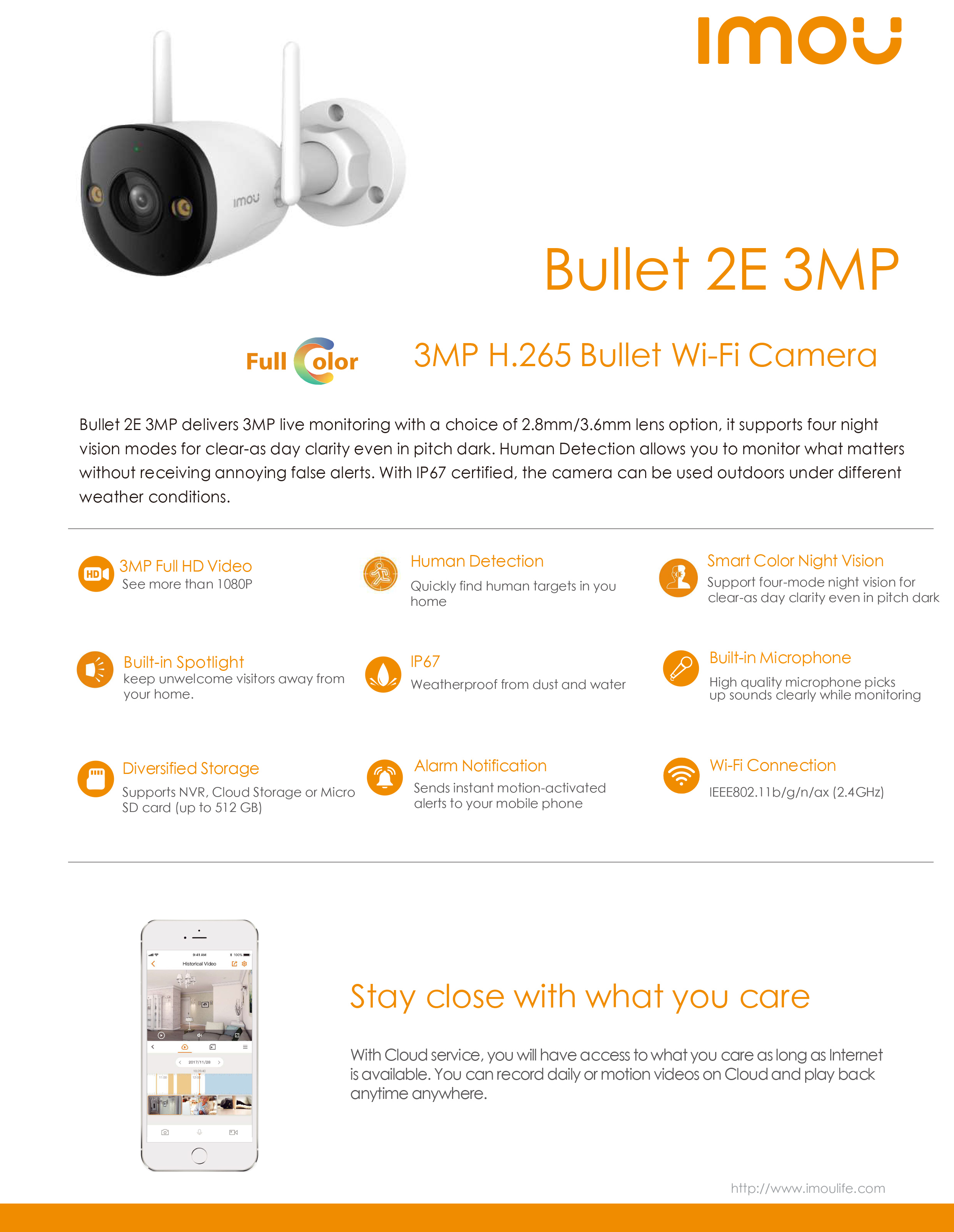IMOU IPC-F32FP : BULLET 2E 3MP กล้องวงจรปิด WIFI IR 30 M. Full-Color, มีไมค์ในตัว, ติดตั้งภายนอกได้ BY BILLIONAIRE SECURETECH IPC-F32FP
