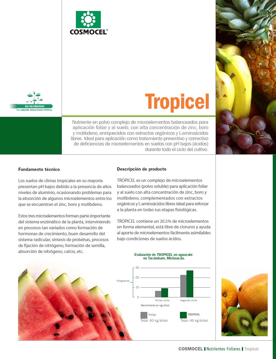 Tropicel ผงจุลธาตุ อะมิโนคีเลต ธาตุอาหารเสริม สังกะสี โบรอน โมลิบดีนั่ม ทรอปิเซล (Cosmocel) บรรจุ 1 กิโลกรัม