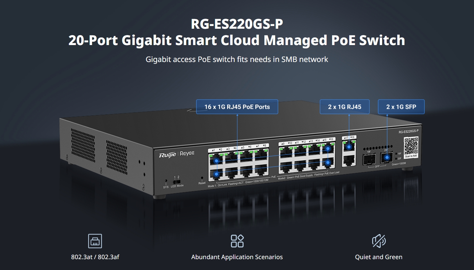RUIJIE RG-ES220GS-P 20-Port Cloud POE+ Switch, 16 Gigabit PoE+ ports, 2 RJ45 Port, 2 SFP, 250W BY BILLIONAIRE SECURETECH RG-ES220GS-P