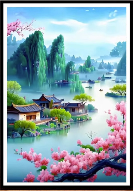 view-1136 *สินค้าหมด* ชุดปักครอสติช ลายสายน้ำและขุนเขา (ปักเต็มผืนผ้า ไม่มีเดินเส้น ผ้า9CT พิมพ์ลาย ปัก 4 เส้นเล็ก) ขนาด 60*85 ซม. ผ้าครอสติช 9CTพิมพ์ลายปักบนผ้า ไหมคอตตอน 40 สี ผังลาย เข็ม
