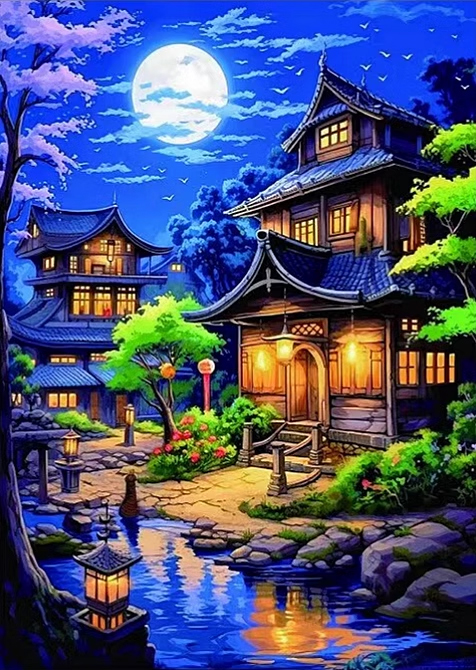 home-1110 *สินค้าหมด* ชุดปักครอสติช ลายบ้านสวยใต้เงาจันทร์ (ปักเต็มผืนผ้า ไม่มีเดินเส้น ผ้า11CTพิมพ์ลาย ปัก 3 เส้นเล็ก) ขนาด 50*67 ซม.ผ้าครอสติช 11CTพิมพ์ลายปักบนผ้า ไหมคอตตอน 44 สี ผังลาย เข็ม