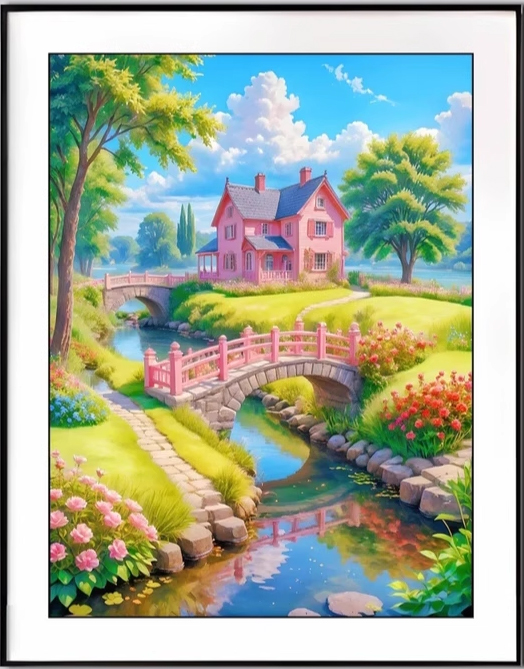 home-1009 *พร้อมส่ง* ชุดปักครอสติช ลายบ้านใหญ่ในสวนสวย (ปักเต็มผืนผ้า ไม่มีเดินเส้น ผ้า9CTพิมพ์ลาย มีประกาย ปัก 4 เส้นเล็ก) ขนาด 60*80 ซม.ผ้าครอสติช 9CTพิมพ์ลายปักบนผ้า ไหมคอตตอน 56 สี ผังลาย เข็ม