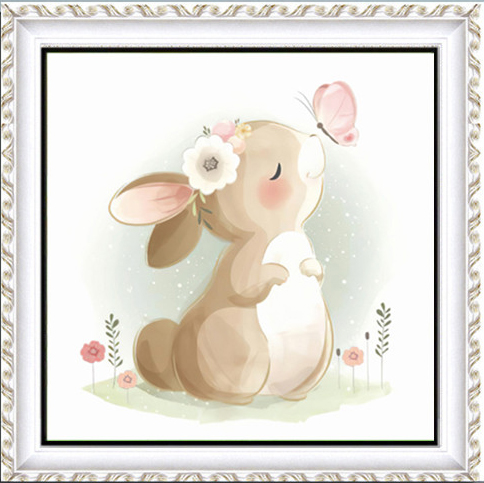 rabbit-1023 *สินค้าหมด* ชุดปักครอสติช ลายกระต่ายกับผีเสื้อ (ไม่มีเดินเส้น ผ้า11CT พิมพ์ลาย ปัก 3 เส้นเล็ก) ขนาด 50*50 ซม.ผ้าครอสติช 11CTพิมพ์ลายปักบนผ้า ไหมคอตตอน 23 สี ผังลาย เข็ม