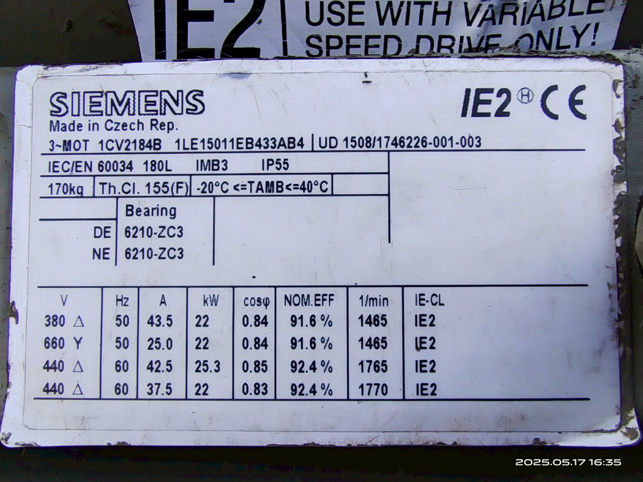 มอเตอร์ SIEMENS ขนาด 30 แรง ใช้ไฟสามเฟส 380V ความเร็วรอบ 1485 รอบต่อนาที เพลา 48 มม. ขดลวดเดิมๆ สภาพดี เก็บสี เปลี่ยนลูกปืนใหม่