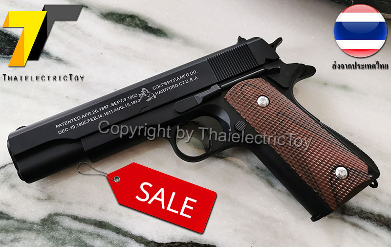 ปืนอัดลมเหล็ก ชักยิงทีล่ะนัด Colt 1911 สีดำ ลำกล้องยาว 7.5 นิ้ว นกสับได้ เซพตี้สไลน์ แมคเหล็ก หนัก 588 กรัม ใช้ลูกกระสุนพลาสติก 6 มิล