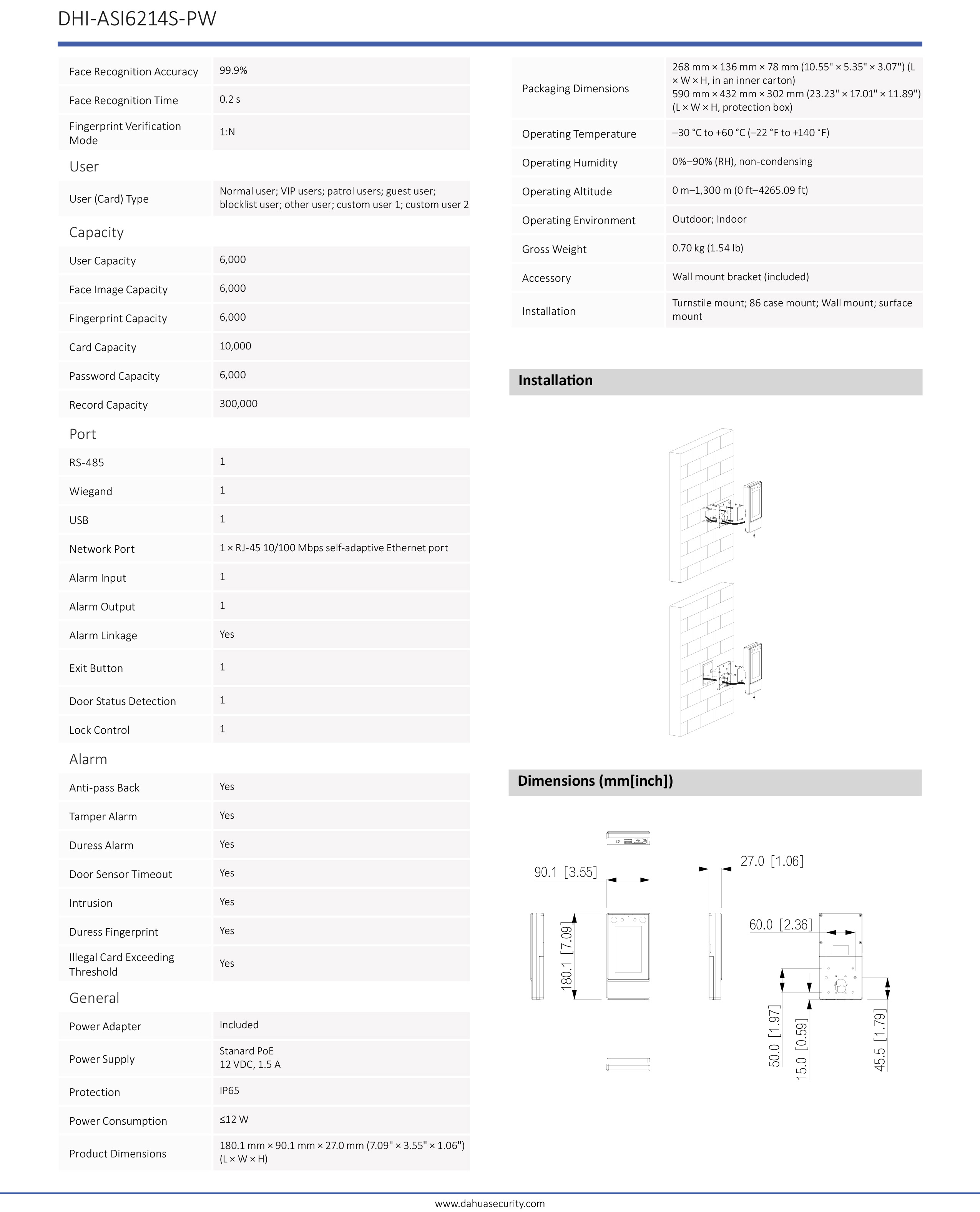 DAHUA ASI6214S-PW : 4.3 inch glass touch screen Face Recognition Access Controller Supports 6,000 users, 6,000 faces, 6,000 passwords, 6,000 fingerprints, 10,000 cards, 50 administrators, and 300,000 records BY BILLIONAIRE SECURETECH ASI6214S-PW