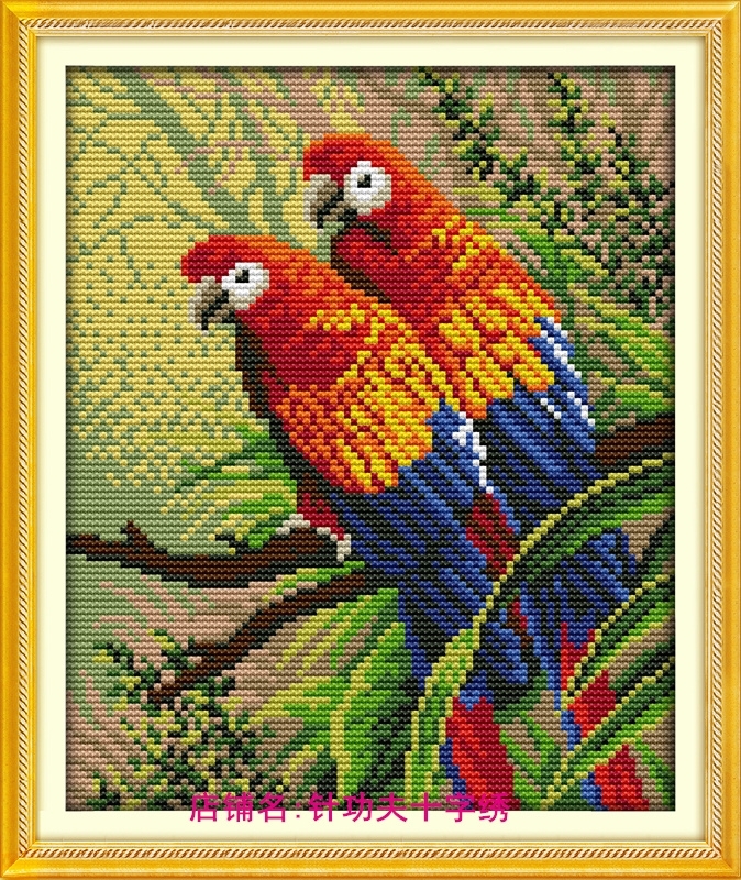 parrot-1001 *พร้อมส่ง* ชุดปักครอสติช ลายคู่นกแก้ว (ปักเต็มผืนผ้า ไม่มีเดินเส้น ผ้า11CTพิมพ์ลาย ปัก 3 เส้นเล็ก) ขนาด 27*35 ซม.ผ้าครอสติช 11CTพิมพ์ลายปักเต็มลายผ้า+ไหมคอตตอน 18 สี+ผังลาย+เข็ม