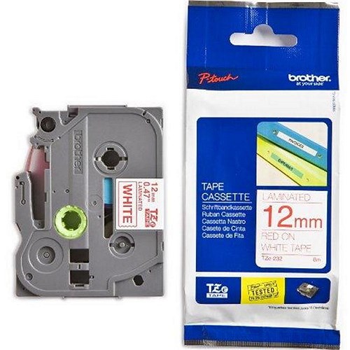 เทปพิมพ์อักษร BROTHER 12 mm. - อักษรแดงพื้นขาว TZE-232