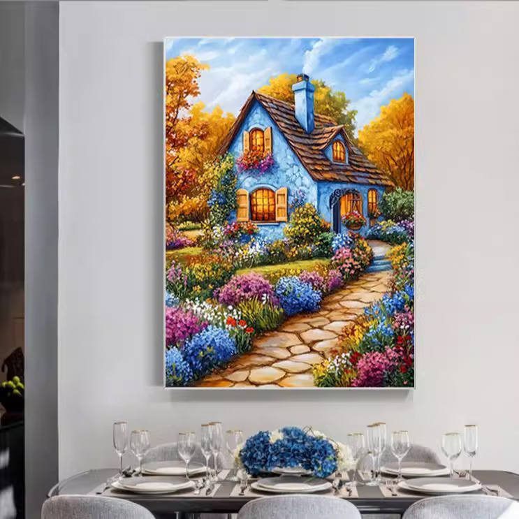 home-1154 *สินค้าหมด* ชุดปักครอสติช ลายบ้านสวยสวนดอกไม้ (ปักเต็มผืนผ้า ไม่มีเดินเส้น ผ้า11CTพิมพ์ลาย ปัก 3 เส้นเล็ก) ขนาด 50*65 ซม.ผ้าครอสติช 11CTพิมพ์ลายปักบนผ้า ไหมคอตตอน 51 สี ผังลาย เข็ม