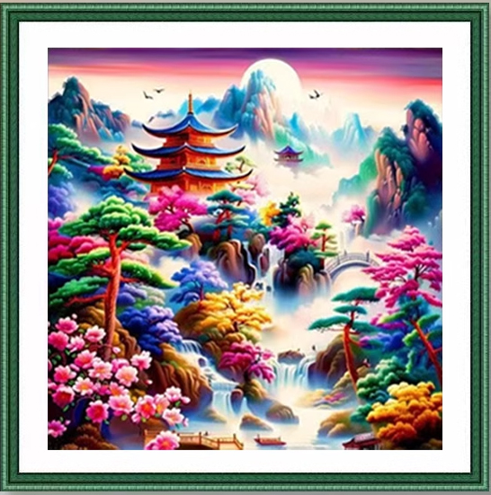 view-1158 *สินค้าหมด* ชุดปักครอสติช ลายสวนสวยกลางป่าใหญ่ (ปักเต็มผืนผ้า ไม่มีเดินเส้น ผ้า11CTพิมพ์ลาย มีประกาย ปัก 3 เส้นเล็ก) ขนาด 63*63 ซม. ผ้าครอสติช 11CTพิมพ์ลายปักบนผ้า ไหมคอตตอน 65 สี ผังลาย เข็ม