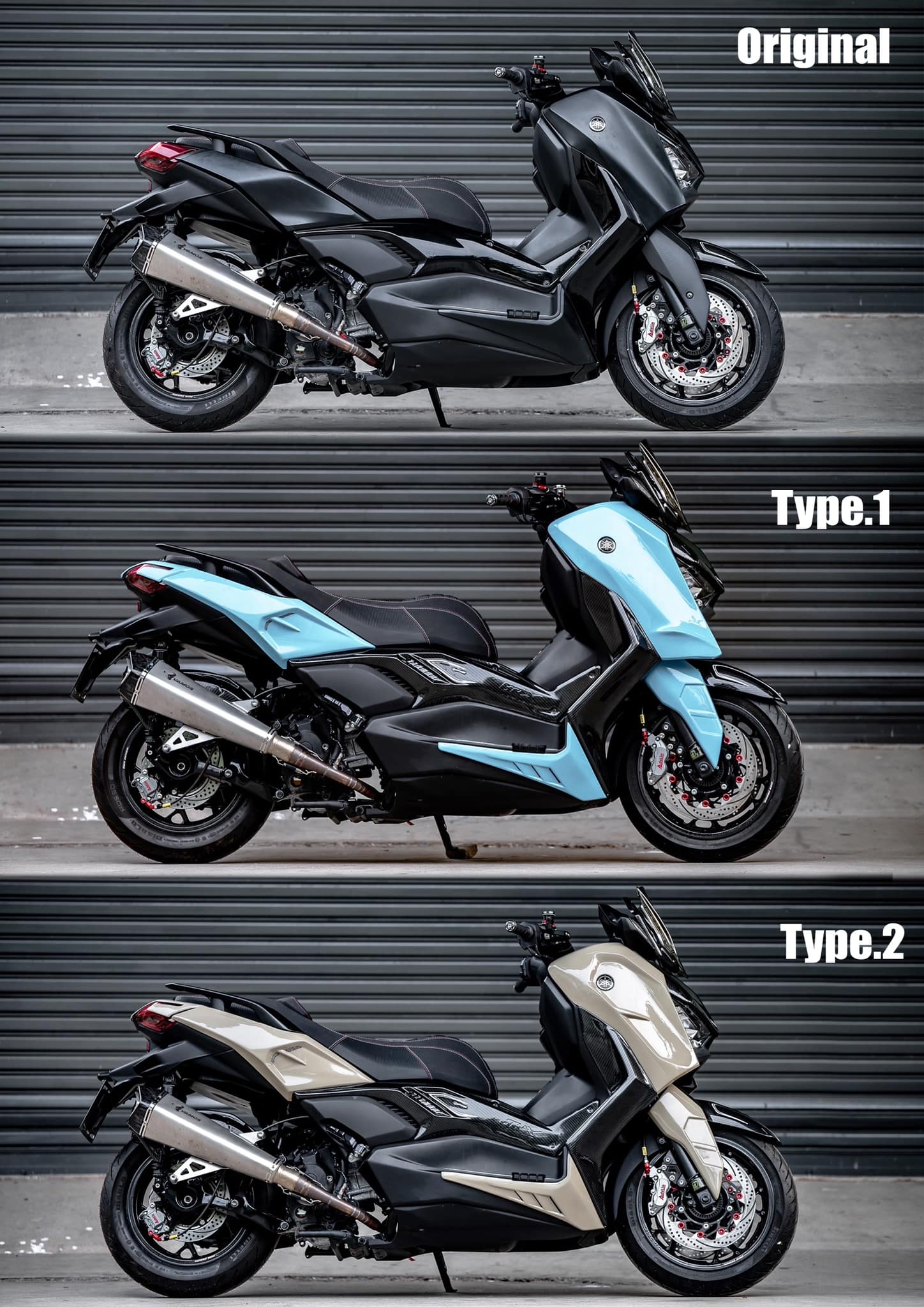 Xmax300 Body kit MotozAAA Body kit 1). ครอบหน้ากากหน้า Front fairing cover 1500฿ 2). ครอบกาบอกซ้าย-ขวา Big side fairing cover 2790฿ 3). ครอบบังโคลนหน้า Front fender cover แบบ3ชิ้น (ชุดเต็ม ) 2100 แบบ2ชิ้น (ข้าง R/L ) 1490฿ ( ลายเคฟล่า +250฿ ) 4). ครอบปีกข