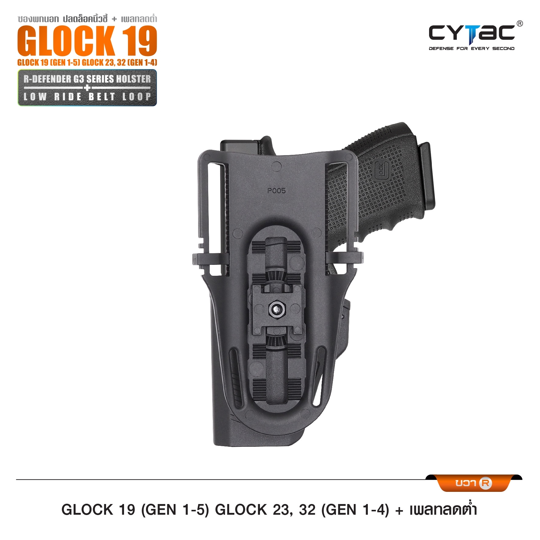 CYTAC ซองพกนอกปลดนิ้วชี้ Glock19 + เพลทลดต่ำ