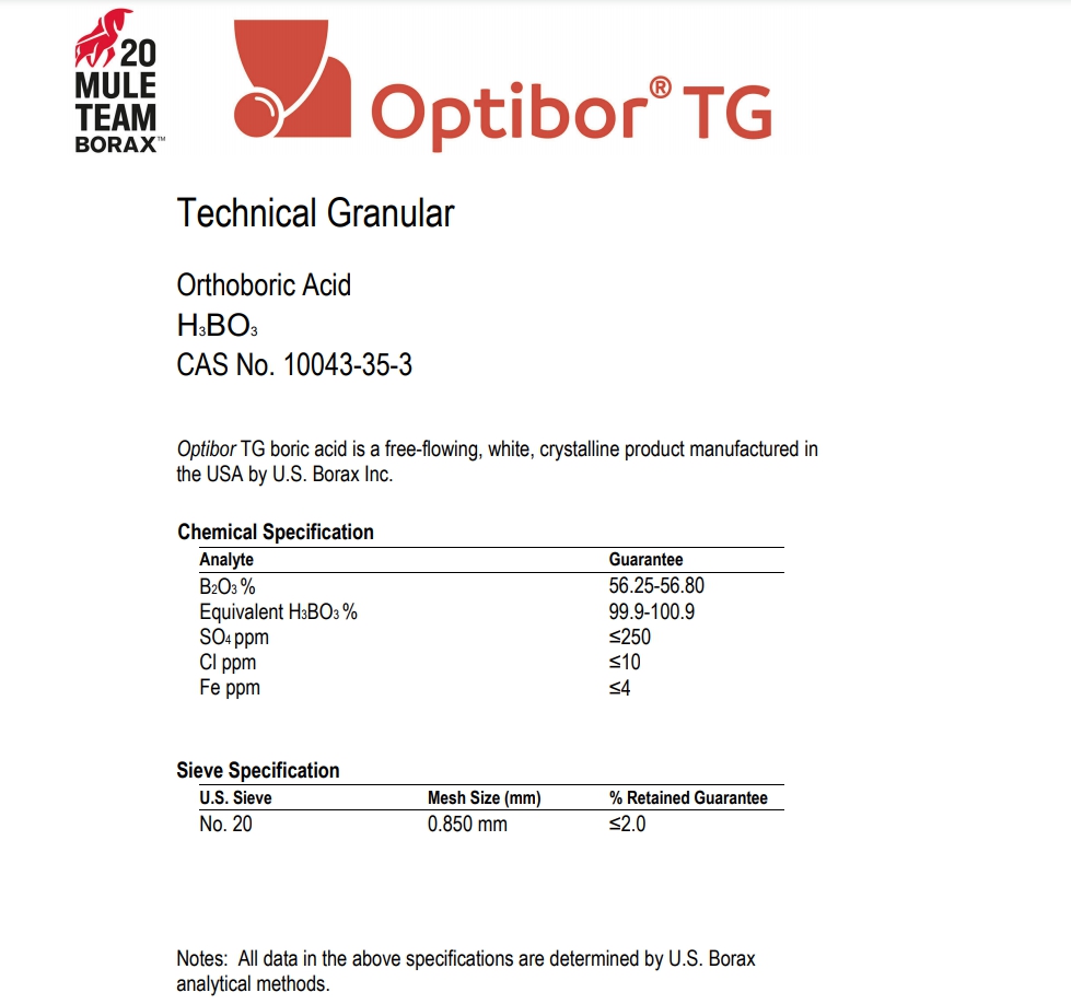 OBTIBOR ผงจุลธาตุโบรอน 17% กรดบอริก (Boric Acid 99%) product of USA บรรจุ 1 กิโลกรัม (R)