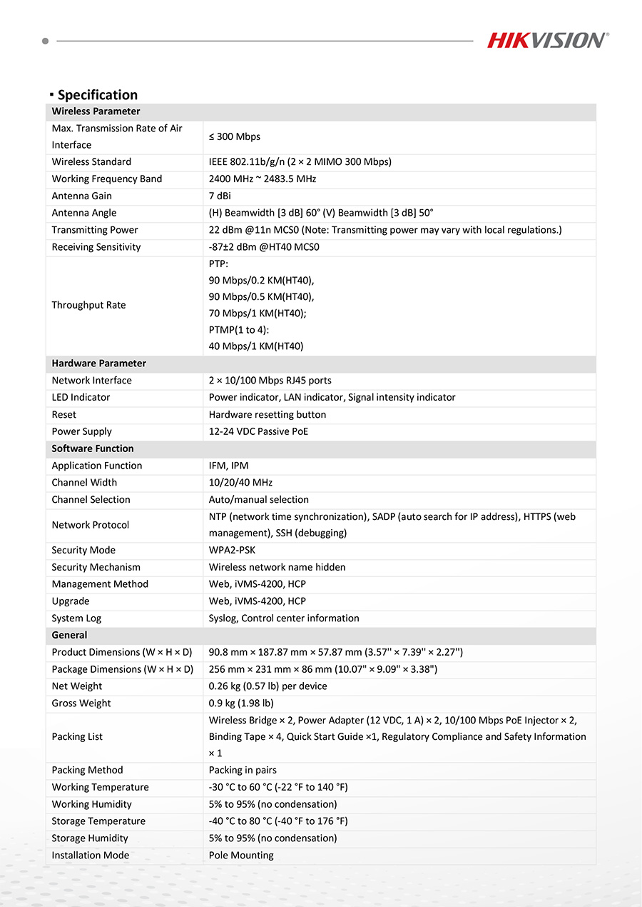 HIKVISION DS-3WF1000-EI-2N 2.4Ghz 300Mbps 1KM Wireless Bridge Kit 7dBi 2 x 2 MIMO antenna BY BILLIONAIRE SECURETECH DS-3WF1000-EI-2N