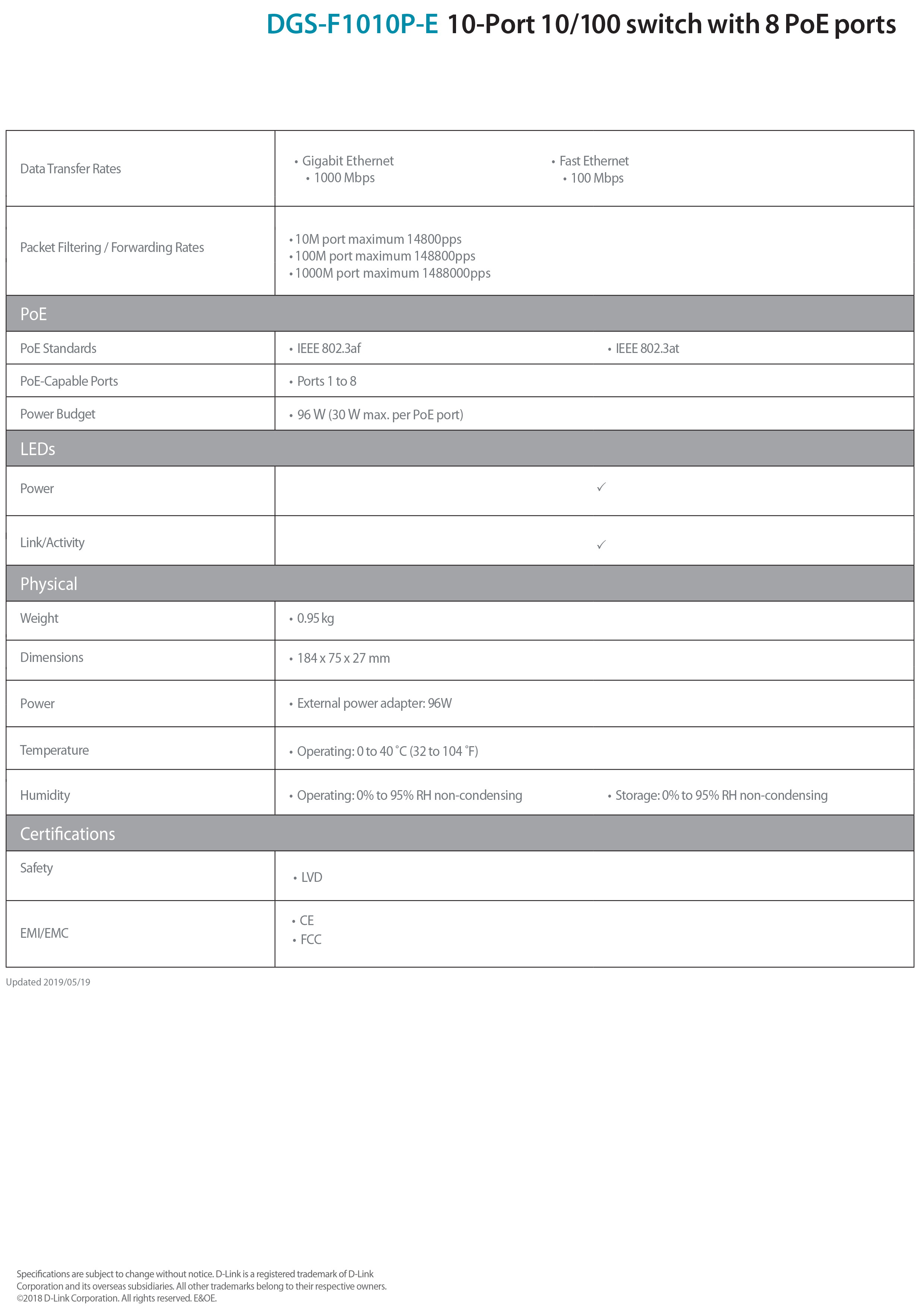 D-LINK DGS-F1010P-E GIGABIT SWITCH 10-PORT (8+2) 10/100/1000Mbps BY BILLIONAIRE SECURETECH DGS-F1010P-E