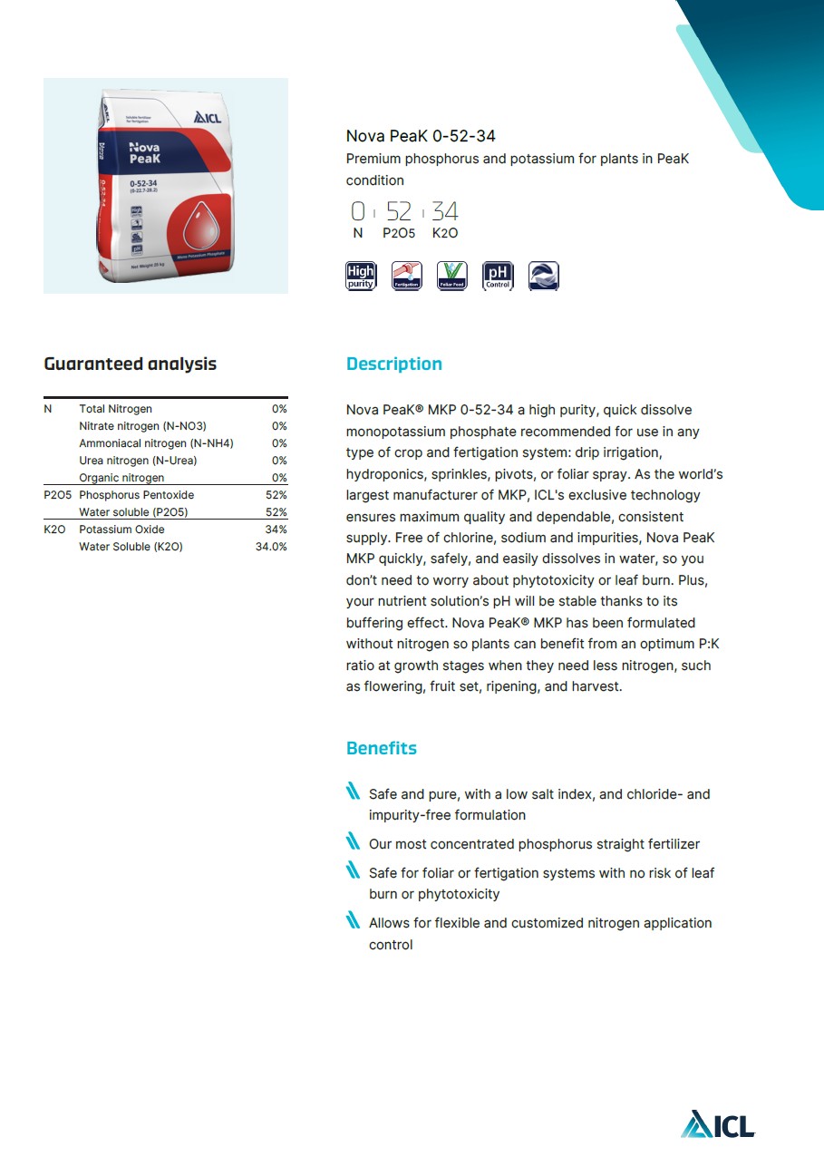 KH2PO4 Monopotassium Phosphate MKP ปุ๋ยเกล็ด วาย. วี. พี. 0-52-34 (NovaPeak ICL อิสราเอล) บรรจุ 1 กิโลกรัมx25 ถุง