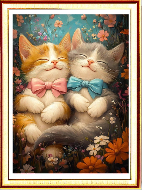 cat-1134 *สินค้าหมด* ชุดปักครอสติช ลายคู่แมวน้อย (ปักเต็มผืนผ้า ไม่มีเดินเส้น ผ้า11CTพิมพ์ลาย ปัก 3 เส้นเล็ก) ขนาด 50*65 ซม. ผ้าครอสติช11CTพิมพ์ลายปักบนผ้า ไหมคอตตอน 33 สี ผังลาย เข็ม