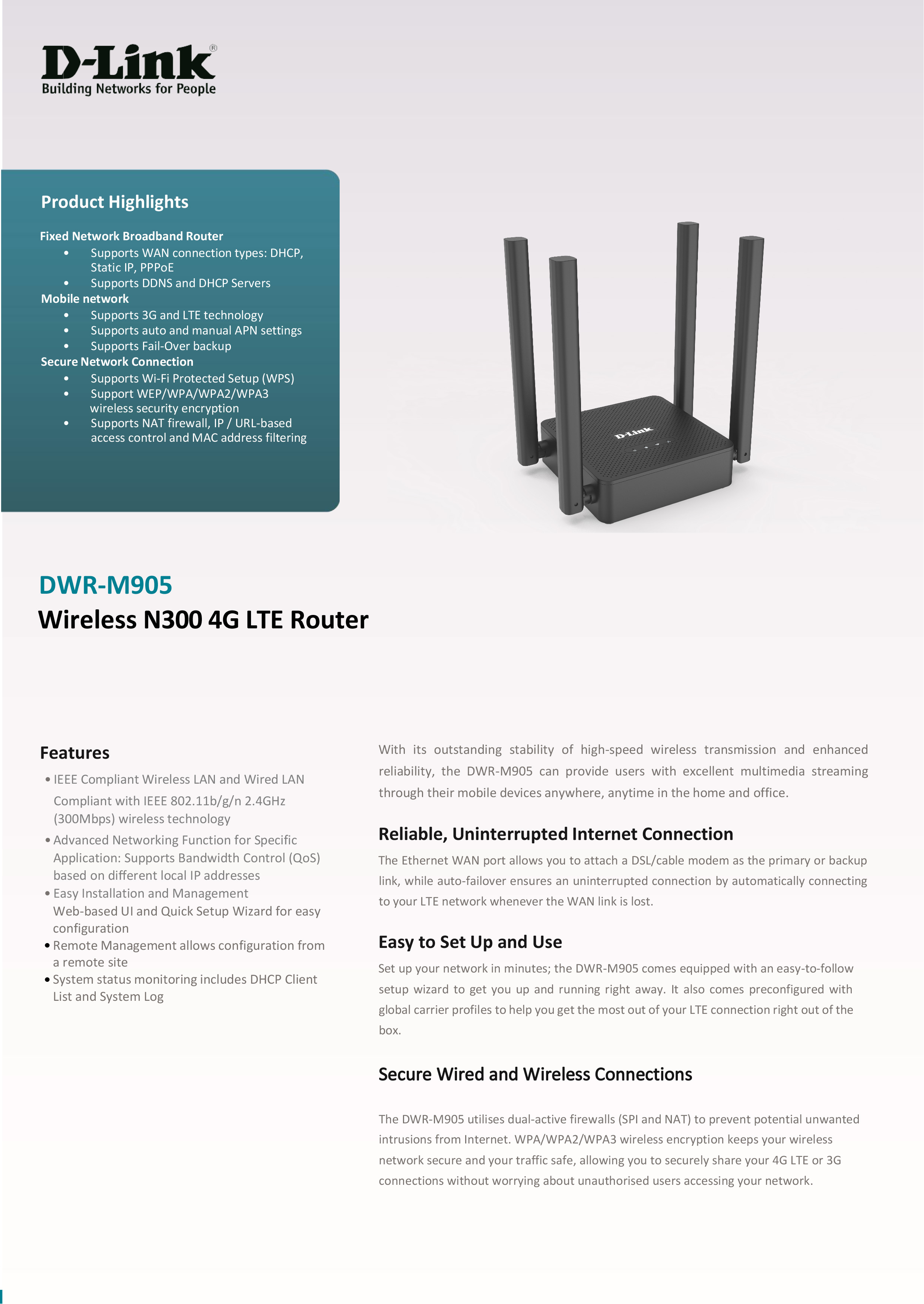 D-LINK DWR-M905 : Wireless N300 4G Router BY BILLIONAIRE SECURETECH DWR-M905