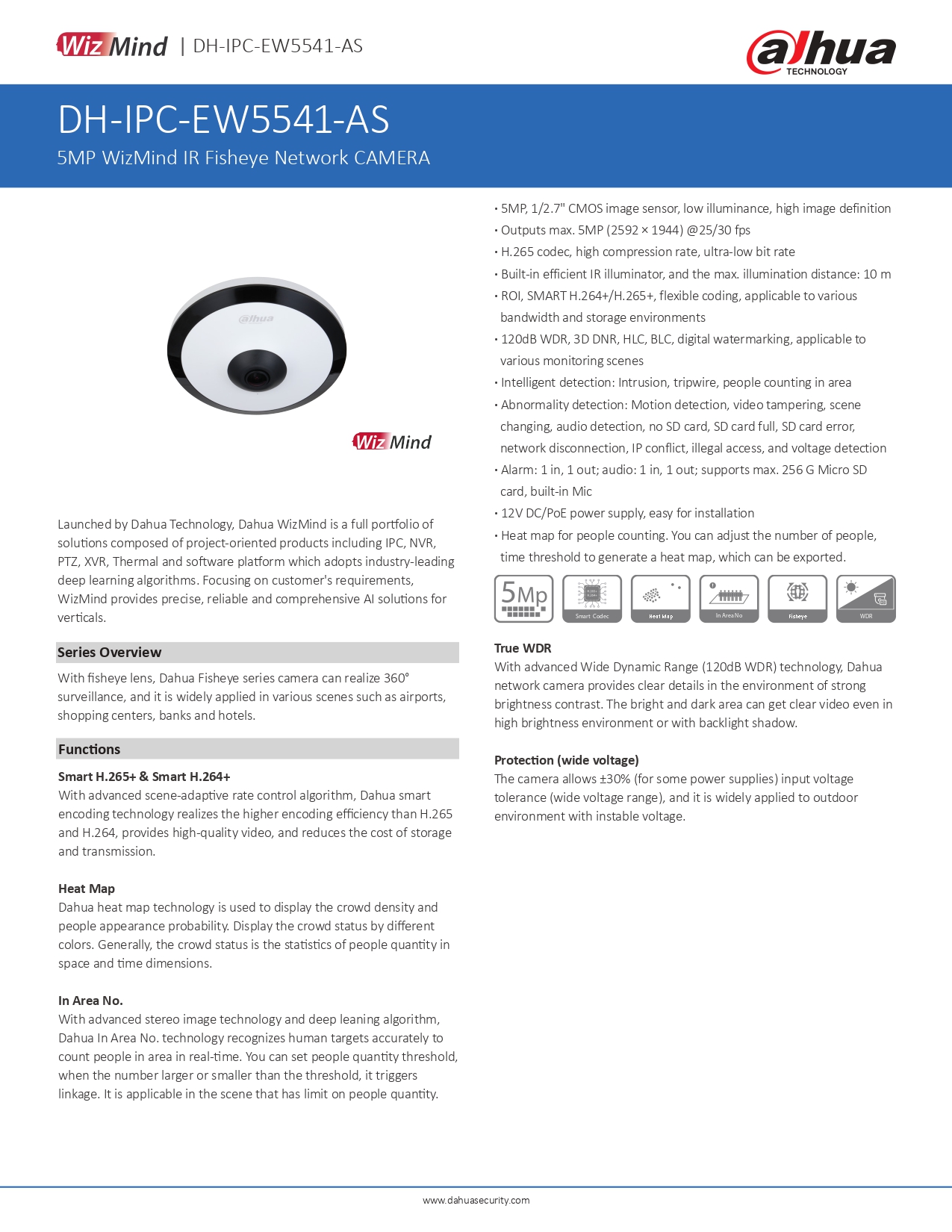 DAHUA IPC-EW5541P-AS กล้องวงจรปิด Fisheye IP Camera 5MP WizMind มีไมค์ในตัว BY BILLIONAIRE SECURETECH DAHUA IPC-EW5541P-AS
