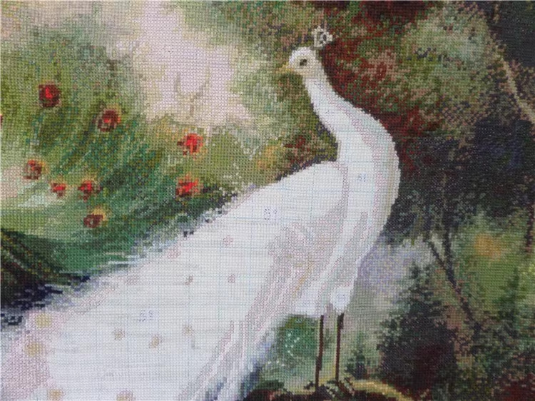 peacock-1033 *สินค้าหมด* ชุดปักครอสติช ลายนกยูงคู่รำแพน (ปักเต็มผืนผ้า ไม่มีเดินเส้น ผ้า11CTพิมพ์ลาย ปัก 3 เส้นเล็ก) ขนาด 90*70 ซม. ผ้าครอสติช 11CTพิมพ์ลายปักเต็มลายผ้า ไหมคอตตอน 50 สี ผังลาย เข็ม