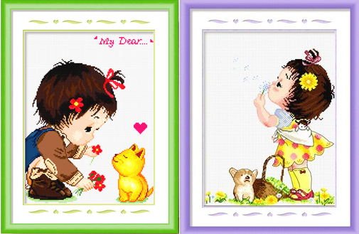 girl-1153 *สินค้าหมด* ชุดปักครอสติช ลายเซต 2 ชิ้น เด็กน้อยกับน้องแมวน้องหมา ขนาดภาพละ 37*45 ซม ผ้าครอสติช 11CTพิมพ์ลายปักบนผ้า ไหมคอตตอน 66 สี ผังลาย เข็ม