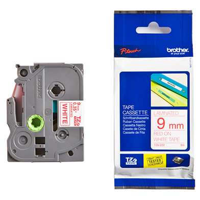 เทปพิมพ์อักษร BROTHER 9 mm. - อักษรแดงพื้นขาว TZE-222
