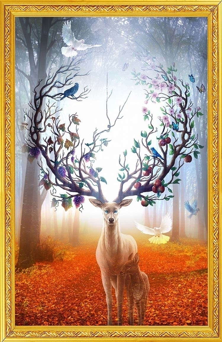 deer-1037 *สินค้าหมด* ชุดปักครอสติช ลายแม่กวางเขางาม (งานปักเต็มลาย ไม่มีเดินเส้น) ขนาดใหญ่ 100*150 ซม.ผ้าครอสติช 11CTพิมพ์ลายปักบนผ้า ไหมคอตตอน 62 สี ผังลาย เข็ม
