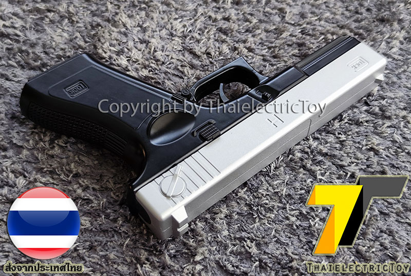 ปืนอัดลมเหล็ก Glock 18 ขนาดเล็ก สีทูโทน ชักยิงทีล่ะนัด ลำกล้องยาว 6 นิ้ว หนัก 307 กรัม ใช้ลูกกระสุนพลาสติก 6 มิล