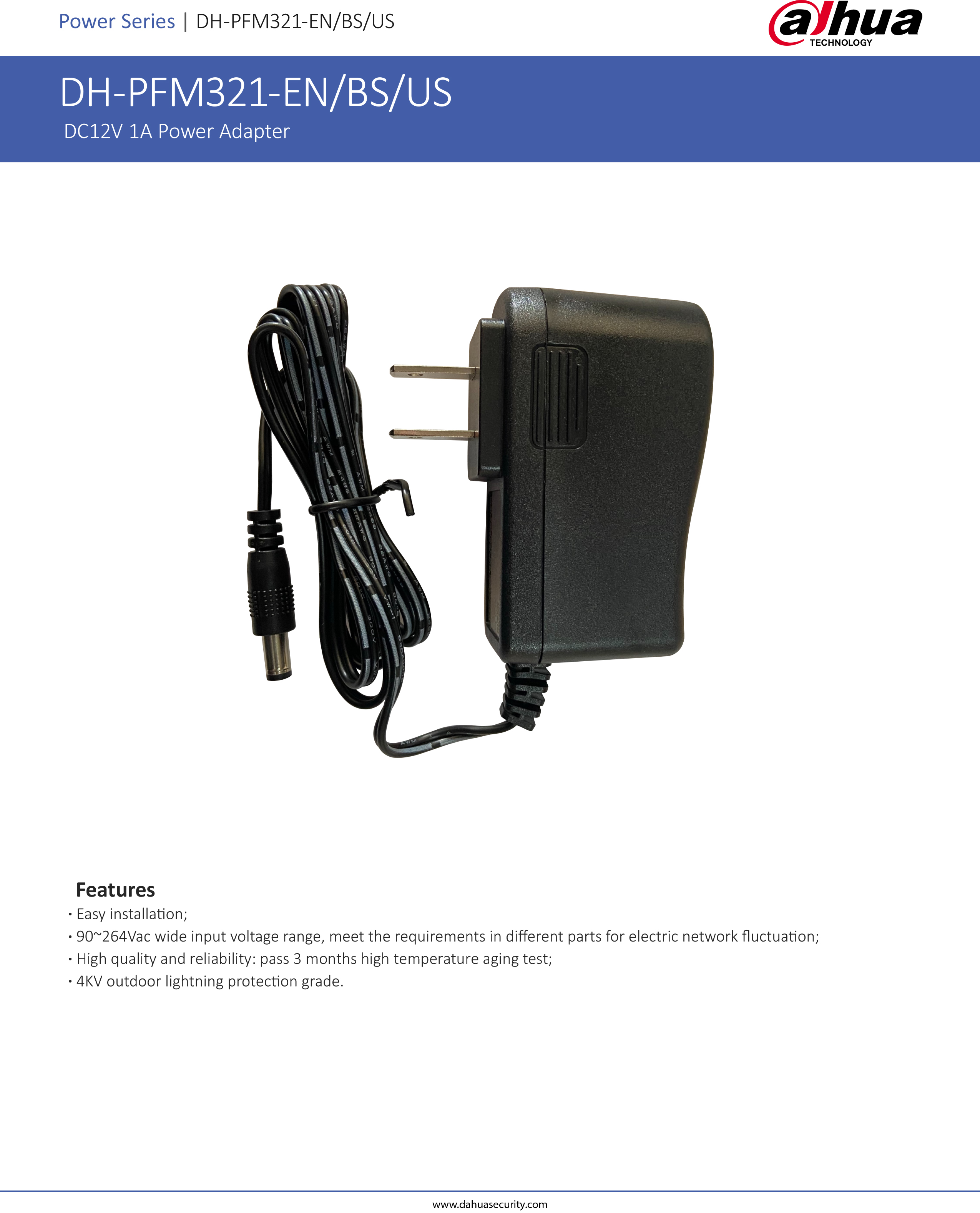 DAHUA DH-PFM321-US ADAPTOR สำหรับกล้องวงจรปิด 12V 1A BY BILLIONAIRE SECURETECH DH-PFM321-US