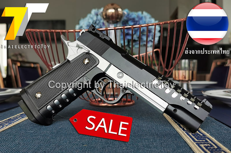 ปืนอัดลมเหล็ก K6 สีทูโทน ชักยิงทีล่ะนัด ลำกล้องยาว 7.5 นิ้ว หนัก 497 กรัม ใช้ลูกกระสุนพลาสติก 6 มิล