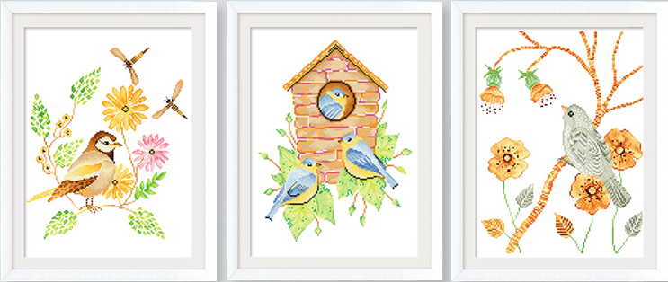 bird-1046 *สินค้าหมด* ชุดปักครอสติช ลายเซต 3 ชิ้น นกน้อยกับดอกไม้ ขนาดภาพละ 37*45 ซม.ผ้าครอสติช 11CTพิมพ์ลายปักบนผ้า ไหมคอตตอน 65 สี ผังลาย เข็ม
